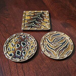 3 JAY STRONGWATER SAFARI LEOPARD TIGER LION CRYSTAL ENAMEL BAR DRINK COASTERS